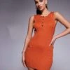 Kaiia Exclusive Knitted Button Front Pocket Detail Sleeveless Mini Dress In Rust For Women -Kaiia Online Shop 207573208 1 rust
