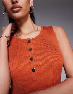 Kaiia Exclusive Knitted Button Front Pocket Detail Sleeveless Mini Dress In Rust For Women -Kaiia Online Shop 207573208 3