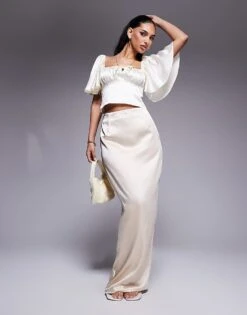 Kaiia Exclusive Satin Bodycon Bow Trim Detail Maxi Skirt In Cream For Women -Kaiia Online Shop 207573214 1 cream 1