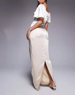 Kaiia Exclusive Satin Bodycon Bow Trim Detail Maxi Skirt In Cream For Women -Kaiia Online Shop 207573214 3