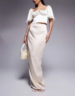 Kaiia Exclusive Satin Bodycon Bow Trim Detail Maxi Skirt In Cream For Women -Kaiia Online Shop 207573214 5