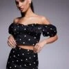 Kaiia Exclusive Bardot Milkmaid Satin Top Co-ord In Black Polka Dot For Women Black And White -Kaiia Online Shop 207573224 1 blackandwhite