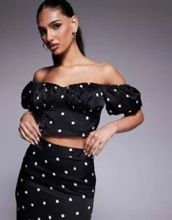 Kaiia Exclusive Bardot Milkmaid Satin Top Co-ord In Black Polka Dot For Women Black And White