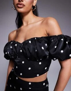 Kaiia Exclusive Bardot Milkmaid Satin Top Co-ord In Black Polka Dot For Women Black And White -Kaiia Online Shop 207573224 3