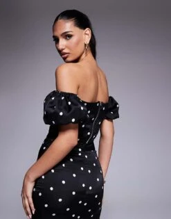 Kaiia Exclusive Bardot Milkmaid Satin Top Co-ord In Black Polka Dot For Women Black And White -Kaiia Online Shop 207573224 4