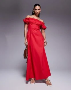 Kaiia Exclusive Bardot Poplin Puff Sleeve Maxi Dress In Red For Women -Kaiia Online Shop 207573234 1 red 1