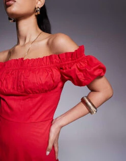 Kaiia Exclusive Bardot Poplin Puff Sleeve Maxi Dress In Red For Women -Kaiia Online Shop 207573234 2