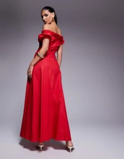 Kaiia Exclusive Bardot Poplin Puff Sleeve Maxi Dress In Red For Women -Kaiia Online Shop 207573234 3