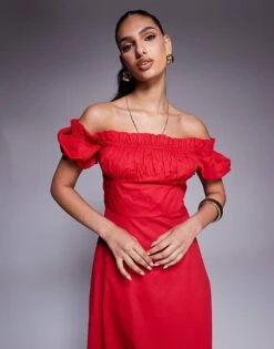 Kaiia Exclusive Bardot Poplin Puff Sleeve Maxi Dress In Red For Women -Kaiia Online Shop 207573234 4