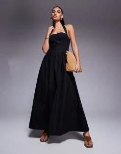 Kaiia Exclusive Poplin Square Neck Halter Maxi Dress In Black For Women -Kaiia Online Shop 207573246 1 black 1