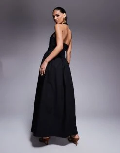 Kaiia Exclusive Poplin Square Neck Halter Maxi Dress In Black For Women -Kaiia Online Shop 207573246 3