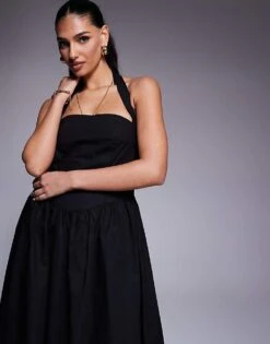 Kaiia Exclusive Poplin Square Neck Halter Maxi Dress In Black For Women -Kaiia Online Shop 207573246 4