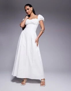 Kaiia Exclusive Milkmaid Puff Sleeve Maxi Dress In Cream For Women -Kaiia Online Shop 207573274 1 cream 1