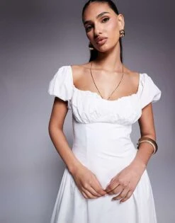 Kaiia Exclusive Milkmaid Puff Sleeve Maxi Dress In Cream For Women -Kaiia Online Shop 207573274 2