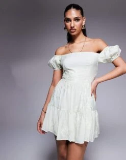 Kaiia Exclusive Embroidered Bardot Puff Sleeve Tiered Mini Dress In Sage For Women -Kaiia Online Shop 207573275 1 sage 1