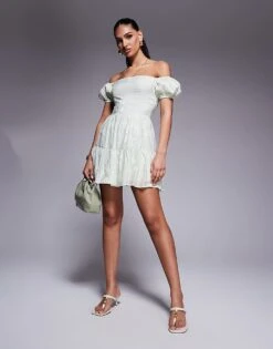 Kaiia Exclusive Embroidered Bardot Puff Sleeve Tiered Mini Dress In Sage For Women -Kaiia Online Shop 207573275 3