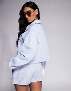 Kaiia Exclusive Cropped Shirt With Contrast Cuffs Co-ord In Blue Gingham Seersucker For Women Blue Ginghamblue -Kaiia Online Shop 207573294 3