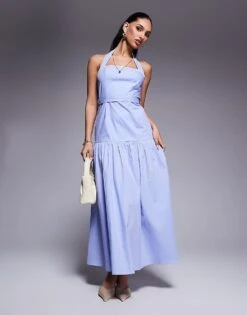 Kaiia Exclusive Poplin Halterneck Dropped Waist Tie Detail Maxi Dress In Soft Blue For Women -Kaiia Online Shop 207573295 1 blue 1