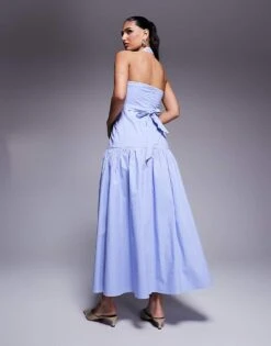 Kaiia Exclusive Poplin Halterneck Dropped Waist Tie Detail Maxi Dress In Soft Blue For Women -Kaiia Online Shop 207573295 4