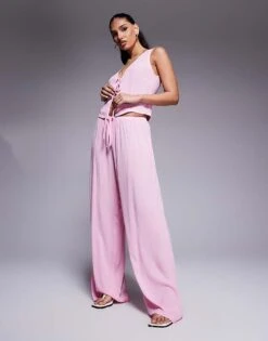 Kaiia Exclusive Tie Front Beach Waistcoat & Textured Wide Leg Trousers Co-ord In Pink 8 Kaiia Exclusive Tie Front Beach Waistcoat & Textured Wide Leg Trousers Co-ord In Pink -Kaiia Online Shop 207573314 1 pink