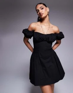 Kaiia Exclusive Poplin Puff Sleeve Milkmaid Mini Dress In Black For Women -Kaiia Online Shop 207573331 1 black 1