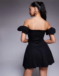 Kaiia Exclusive Poplin Puff Sleeve Milkmaid Mini Dress In Black For Women -Kaiia Online Shop 207573331 4