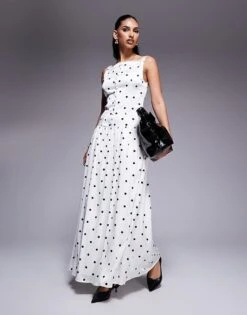 Kaiia Exclusive Satin Sleeveless Button Through Drop Waist Maxi Dress In White Polka Dot For Women White And Black