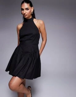 Kaiia Exclusive Halterneck Low Back Dropped V Waist Mini Dress In Black For Women