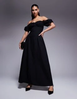 Kaiia Exclusive Milkmaid Puff Sleeve Maxi Dress In Black For Women