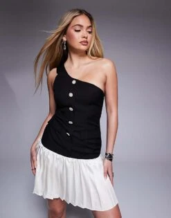 Kaiia Exclusive Tailored One Shoulder Button Detail Pleated Drop Hem Mini Dress In Mono For Women Black And Cream -Kaiia Online Shop 207573390 1 blackandcream 1