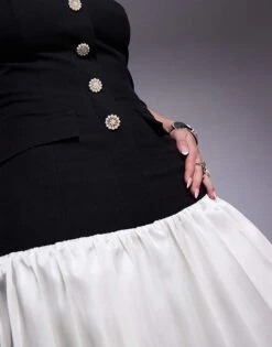 Kaiia Exclusive Tailored One Shoulder Button Detail Pleated Drop Hem Mini Dress In Mono For Women Black And Cream -Kaiia Online Shop 207573390 3