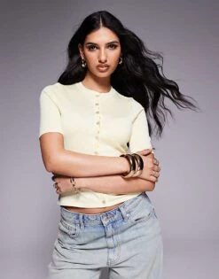 Kaiia Exclusive Scallop Button Front Short Sleeve Cardigan In Butter Yellow For Women