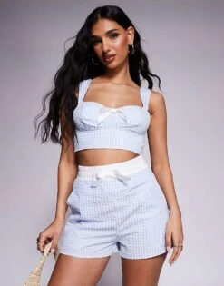 Kaiia Exclusive Boxer Waistband Poplin Shorts Co-ord In Blue Gingham Seersucker For Women Blue Ginghamblue -Kaiia Online Shop 207573416 1 blueginghamblue 1