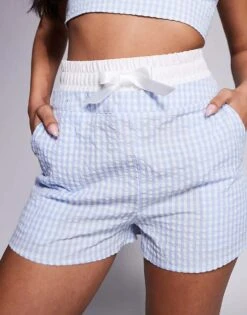 Kaiia Exclusive Boxer Waistband Poplin Shorts Co-ord In Blue Gingham Seersucker For Women Blue Ginghamblue -Kaiia Online Shop 207573416 5