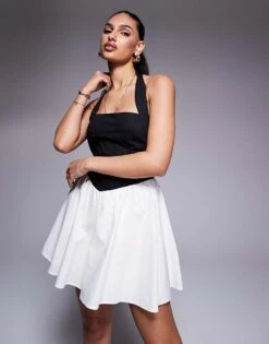 Kaiia Exclusive Square Halterneck Contrast Skirt Mini Dress In Black And White For Women