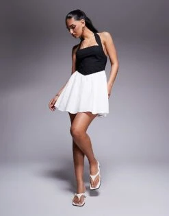 Kaiia Exclusive Square Halterneck Contrast Skirt Mini Dress In Black And White For Women -Kaiia Online Shop 207573426 4