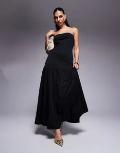 Kaiia Exclusive Bandeau Dropped Waist Maxi Dress In Black For Women -Kaiia Online Shop 207573456 1 black 1