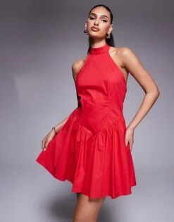 Kaiia Exclusive Halterneck Low Back Dropped V Waist Mini Dress In Red For Women