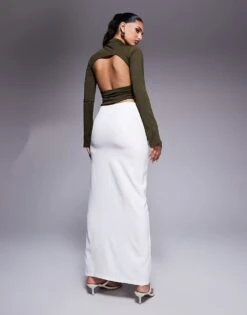 Kaiia Exclusive Pocket Detail Front Split Maxi Skirt In White For Women -Kaiia Online Shop 207573476 3