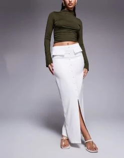 Kaiia Exclusive Pocket Detail Front Split Maxi Skirt In White For Women -Kaiia Online Shop 207573476 5