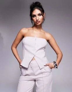 Kaiia Exclusive Tailored Bandeau Split Front Top And Wide Leg Trousers Co-ord In Grey -Kaiia Online Shop 207588623 1 grey