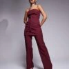 Kaiia Exclusive Tailored Bandeau Longline Tie Top & Wide Leg Trousers Co-ord In Burgundy -Kaiia Online Shop 207588643 3
