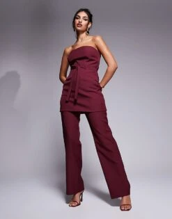 Kaiia Exclusive Tailored Bandeau Longline Tie Top & Wide Leg Trousers Co-ord In Burgundy