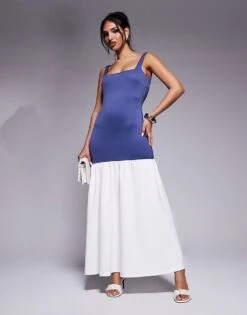 Kaiia Exclusive Square Neck Contrast Drop Waist Maxi Dress In Dark Blue And Cream For Women -Kaiia Online Shop 207588682 1 blueandcream 1