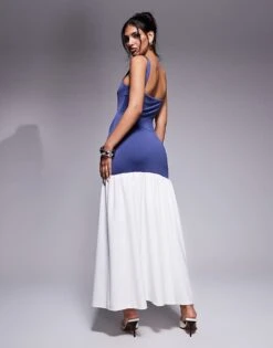Kaiia Exclusive Square Neck Contrast Drop Waist Maxi Dress In Dark Blue And Cream For Women -Kaiia Online Shop 207588682 3