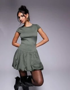 Kaiia Exclusive Ponte Puff Ball Cap Sleeve Mini Dress In Khaki For Women -Kaiia Online Shop 207588702 1 khaki 1