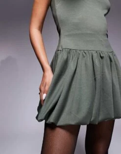 Kaiia Exclusive Ponte Puff Ball Cap Sleeve Mini Dress In Khaki For Women -Kaiia Online Shop 207588702 3