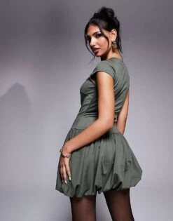 Kaiia Exclusive Ponte Puff Ball Cap Sleeve Mini Dress In Khaki For Women -Kaiia Online Shop 207588702 4