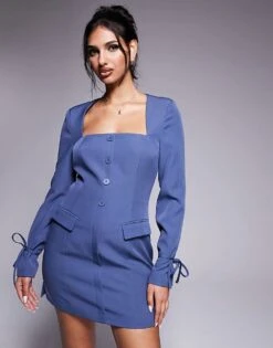 Kaiia Exclusive Square Neck Bow Cuff Detail Tailored Blazer Mini Dress In Steel Blue For Women