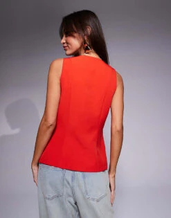 Kaiia Exclusive Tailored Split Front Waistcoat In Red For Women -Kaiia Online Shop 207588734 3